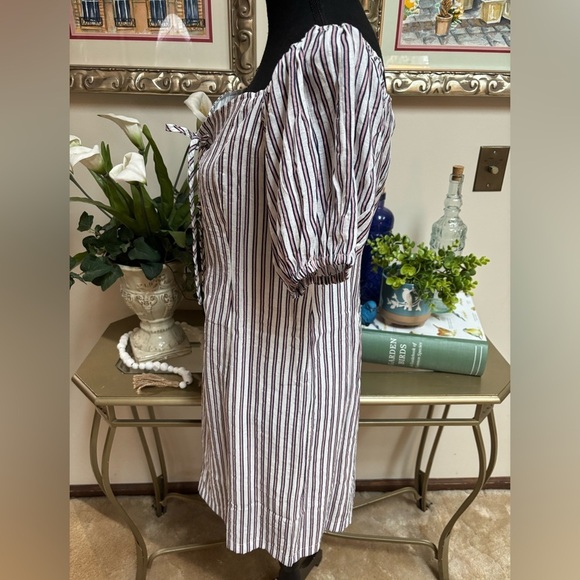 HAYDEN L.A. LACE UP ON OFF SHOULDER PUFF SLEEVE PINK STRIPE MINI DRESS SZ L NWT - Picture 6 of 13